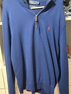 Ralph Lauren Men's Blue Quarter-Zip Sweater with Red Pony